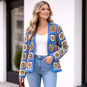 Multicolor Granny Square Crochet Cardigan Jacket S/M Boho Cotton